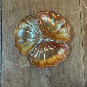 Vintage 1930s Jeanette Carnival Glass‎ Hibiscus Flower Candy Dish Leaf Handle